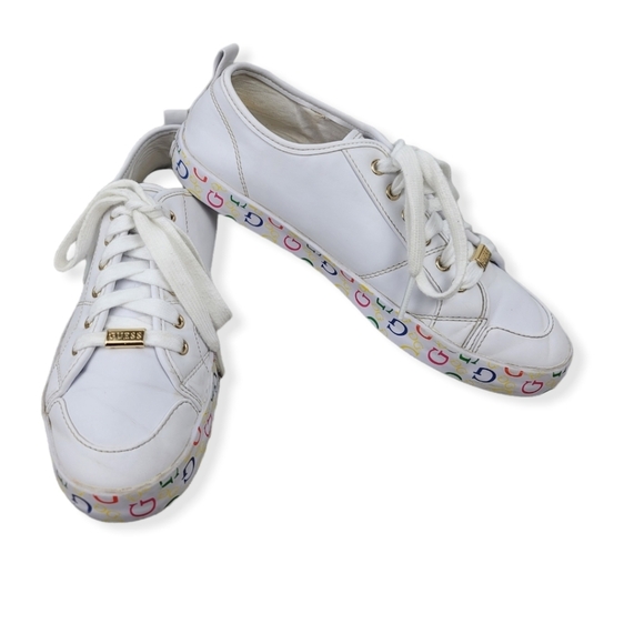 GUESS‎ Women's White Leather Sneakers with Goldtone Emblem - Picture 8 of 10